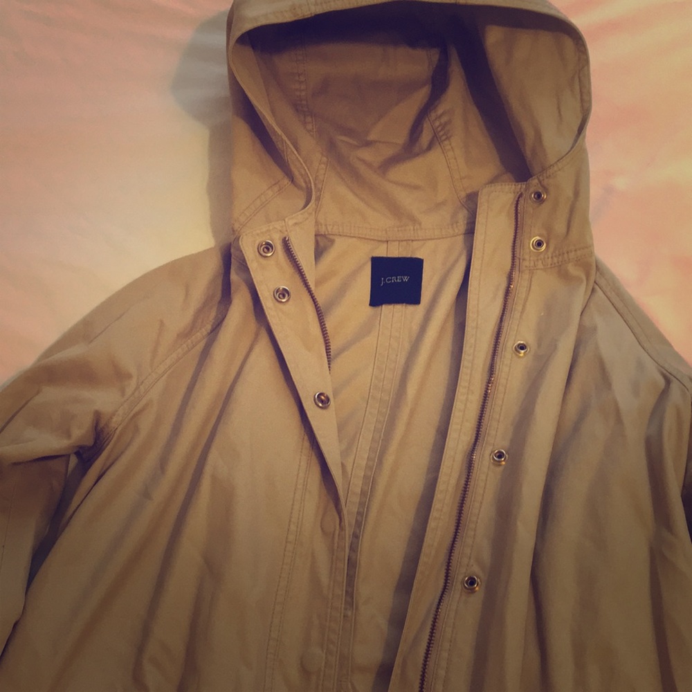 Hooded, khaki mini trench coat